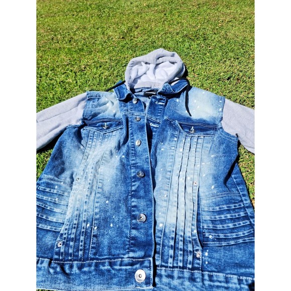 South Pole Men’s Paint Splash Blue Denim & Gray Removable Hoodie Jacket Size L - Picture 2 of 10